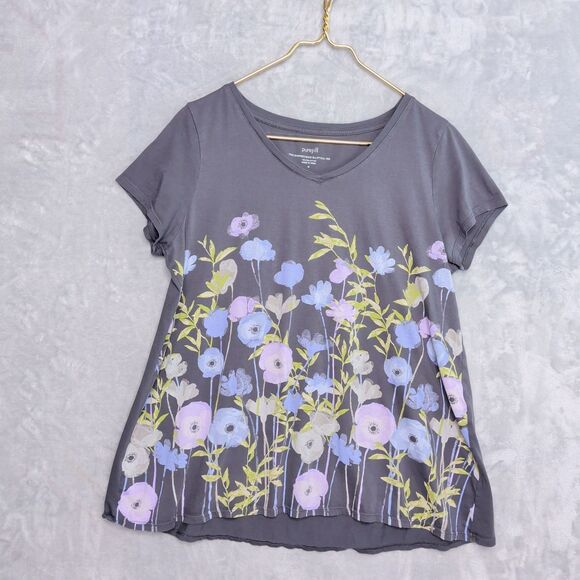 J Jill Tops - PUREJILL Gray Floral Graphic Print T-Shirt Size M Shirred-Back Elliptical Pima